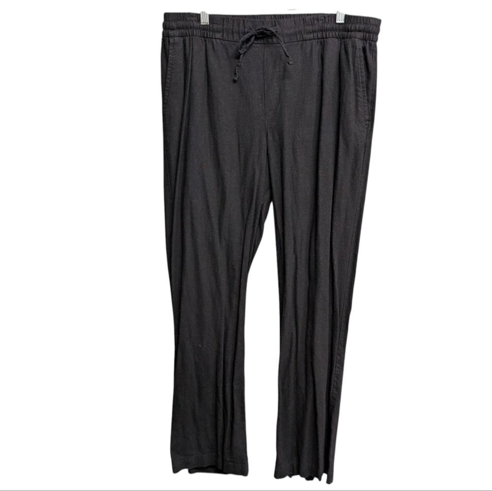 Black Linen Blend Wide Leg Pants Elastic Waist And Pockets Size Large